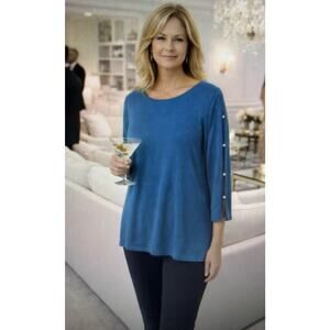 Chico’s large turquoise 3/4 Slit Sleeves Cashmere bld Sweater rhinestones party